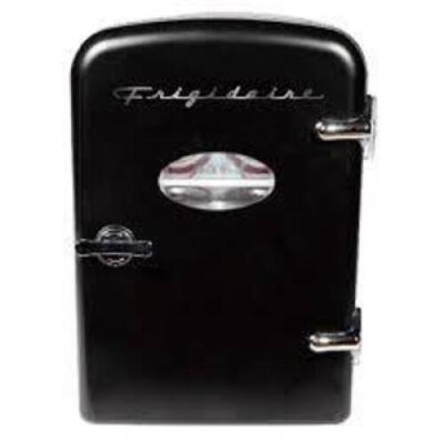 DESCRIPTION: (1) PORTABLE RETRO MINI FRIDGE BRAND/MODEL: FRIGIDAIRE INFORMATION: BLACK RETAIL$: $60.00 EA SIZE: 6 CAN CAP QTY: 1