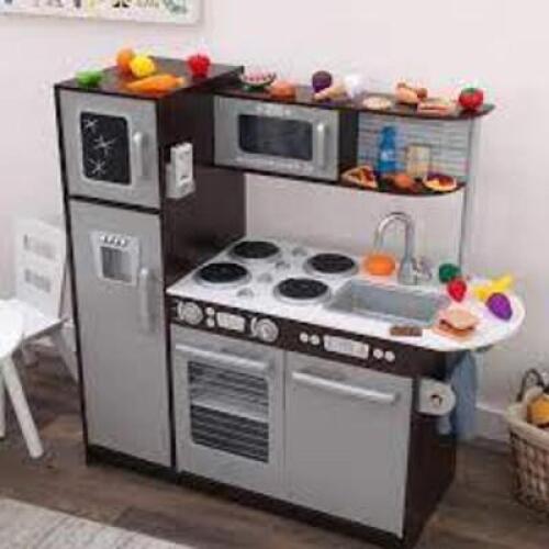 DESCRIPTION: (1) UPTOWN PLAY KITCHEN BRAND/MODEL: KIDKRAFT/53388 INFORMATION: ESPRESSO & SILVER/30-PIECES RETAIL$: 199.99 SIZE: 43"L X 17.75"W X 41"H