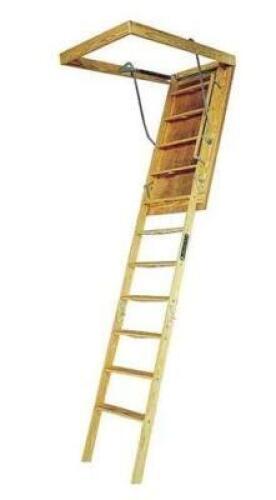 DESCRIPTION: (1) ATTIC LADDER BRAND/MODEL: LOUISVILLE/L305P INFORMATION: LOAD CAPACITY: 350 LBS/WOOD RETAIL$: 403.23 SIZE: 8'-3/4" TO 10'H X 22"STEP W