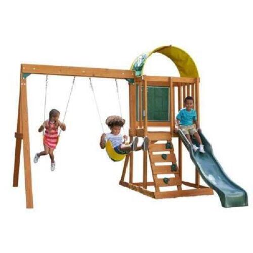 DESCRIPTION: (1) AINSLEY WOODEN SWING SET BRAND/MODEL: KIDKRAFT/B24145 INFORMATION: 2-SWING/AMBER RETAIL$: 497 SIZE: 123"L X 108"W X 93"D QTY: 1