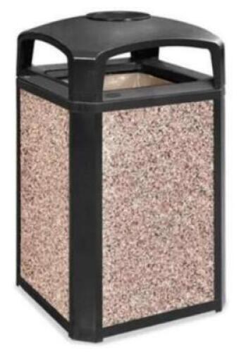 DESCRIPTION: (1) LANDMARK TRASH CAN BRAND/MODEL: RUBBERMAID/H-1210BK INFORMATION: STONE/MISSING PANEL, SEE PICS/ASH TRAY RETAIL$: 985 SIZE: 26" X 26"