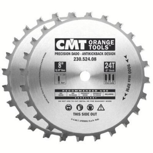 DESCRIPTION: (1) PRECISION DADO BLADE SET BRAND/MODEL: CMT/230.524.08 INFORMATION: ORANGE/24-TEETH/8 TOTAL SHIMS RETAIL$: 339.99 SIZE: 8" X 5/8"BORE Q