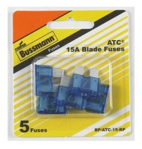 DESCRIPTION: (3) PACKS OF (5) AUTOMOTIVE BLADE FUSES BRAND/MODEL: COOPER BUSSMANN/ATC-15-RP INFORMATION: BLUE/15 AMP/TIN-PLATED ZINC/5 PER PK RETAIL$: