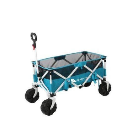 DESCRIPTION: (1) BEACH WAGON CART BRAND/MODEL: OZARK TRAIL INFORMATION: BLUE/SAND WHEELS/MESH RETAIL$: 76.26 SIZE: OPEN: 35.8" X 19.3" X 22.8"/CLOSED: