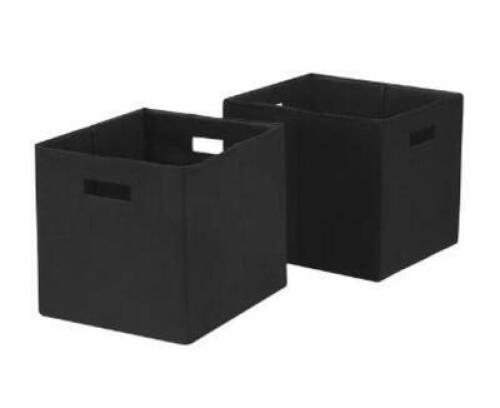 DESCRIPTION: (2) CUBE STORAGE BINS BRAND/MODEL: BETTER HOMES & GARDEN/BH19-D1-0032-04 INFORMATION: RICH BLACK/FABRIC RETAIL$: 12.50 EACH SIZE: 12.75"