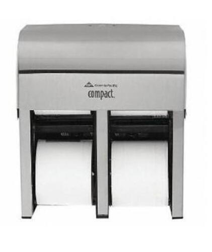 DESCRIPTION: (1) TOILET PAPER DISPENSER BRAND/MODEL: GEORGIA-PACIFIC/56748 INFORMATION: VERTICAL QUAD ROLL/SILVER RETAIL$: 143.61 SIZE: 6-1/2"D X 13-1