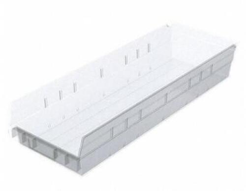 DESCRIPTION: (6) SHELF BIN BRAND/MODEL: AKRO-MILS/30164SCLAR INFORMATION: CLEAR/LOAD CAPACITY: 20 LBS RETAIL$: 16.12 EACH SIZE: 23-5/8"L X 6-5/8"W X 4