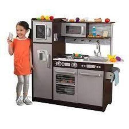 DESCRIPTION: (1) UPTOWN PLAY KITCHEN SET BRAND/MODEL: KIDKRAFT/53388 INFORMATION: SILVER & ESPRESSO/30-PIECES RETAIL$: 199.99 SIZE: 43"L X 17.75"W X 4