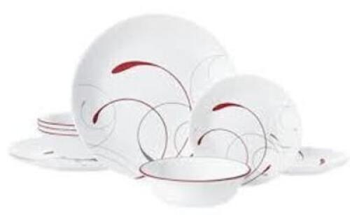DESCRIPTION: (1) DINNERWARE SET BRAND/MODEL: CORELLE #1141878 INFORMATION: SPLENDOR WHITE AND RED RETAIL$: $40.00 EA SIZE: MISSING ONE PLATE QTY: 1