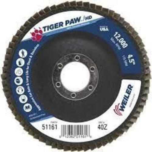 DESCRIPTION: (10) COATED ABRASIVE FLAP DISC BRAND/MODEL: WEILER TIGER PAW #51161 RETAIL$: $6.00 EA SIZE: 4.5X 40 ZX 7/8 QTY: 10