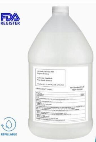 DESCRIPTION: (2) ALCOHOL ANTISEPTIC BRAND/MODEL: TOPICAL SOLUTION HAND RUB INFORMATION: 80% RETAIL$: $40.00 EA SIZE: 1 GALLON QTY: 2