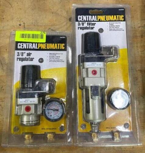 DESCRIPTION: 3/8" AIR REGULATOR AND 3/8" FILTER REGULATOR (NEW) BRAND/MODEL: CENTRAL PNEUMATIC QTY: 2