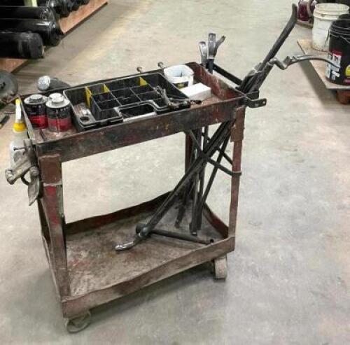 DESCRIPTION: METAL UTILITY CART WITH TIRE MOUNTING TOOLS AS SHOWN INFORMATION: SEE PHOTOS FOR MORE DETAIL SIZE: 30"X16"X34" QTY: 1