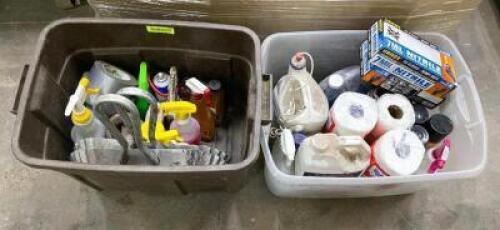 DESCRIPTION: (2) BINS OF ASSORTED CLEANING SUPPLIES AS SHOWN INFORMATION: SEE PHOTOS FOR MORE DETAIL QTY: 1