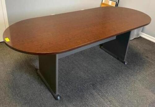 DESCRIPTION: 82" WOODEN CONFERENCE TABLE WITH METAL BASE SIZE: 82"X34.5"X29.5" QTY: 1