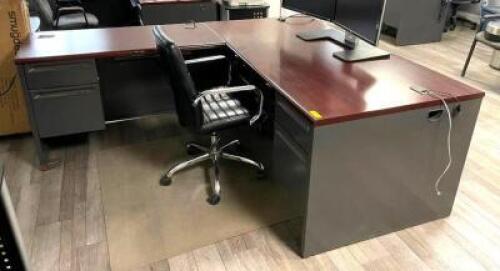 DESCRIPTION: L-SHAPED DESK WITH LEFT-SIDE RETURN AND ROLLABOUT OFFICE CHAIR INFORMATION: HAS KEYS TO FILE CABINETS, COMPUTER NOT INCLUDED SIZE: 72"X84