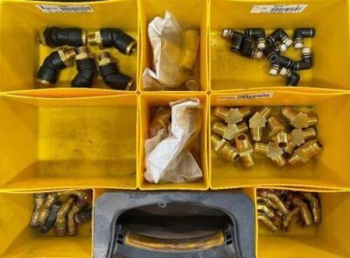 DESCRIPTION: 8 SECTION ORGANIZER WITH ASSORTED BRASS FITTINGS LOCATION: WOOD TABLE / TIRE RACK AREA THIS LOT IS: ONE MONEY QTY: 1