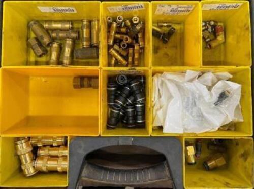 DESCRIPTION: 9 SECTION ORGANIZER WITH ASSORTED BRASS FITTINGS LOCATION: WOOD TABLE / TIRE RACK AREA THIS LOT IS: ONE MONEY QTY: 1