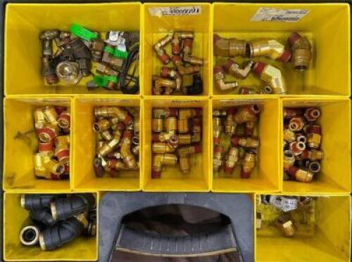 DESCRIPTION: 10 SECTION ORGANIZER WITH ASSORTED BRASS FITTINGS LOCATION: WOOD TABLE / TIRE RACK AREA THIS LOT IS: ONE MONEY QTY: 1