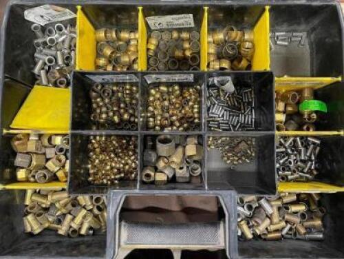 DESCRIPTION: 17 SECTION ORGANIZER WITH ASSORTED BRASS FITTINGS LOCATION: WOOD TABLE / TIRE RACK AREA THIS LOT IS: ONE MONEY QTY: 1