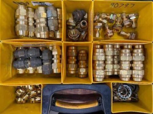 DESCRIPTION: 8 SECTION ORGANIZER WITH ASSORTED BRASS FITTINGS LOCATION: WOOD TABLE / TIRE RACK AREA THIS LOT IS: ONE MONEY QTY: 1