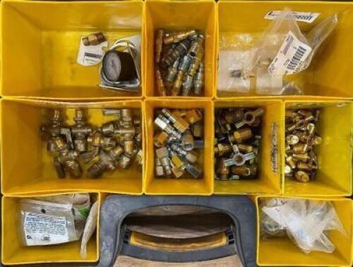 DESCRIPTION: 9 SECTION ORGANIZER WITH ASSORTED BRASS FITTINGS LOCATION: WOOD TABLE / TIRE RACK AREA THIS LOT IS: ONE MONEY QTY: 1