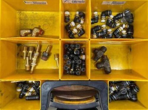 DESCRIPTION: 8 SECTION ORGANIZER WITH ASSORTED BRASS FITTINGS LOCATION: WOOD TABLE / TIRE RACK AREA THIS LOT IS: ONE MONEY QTY: 1