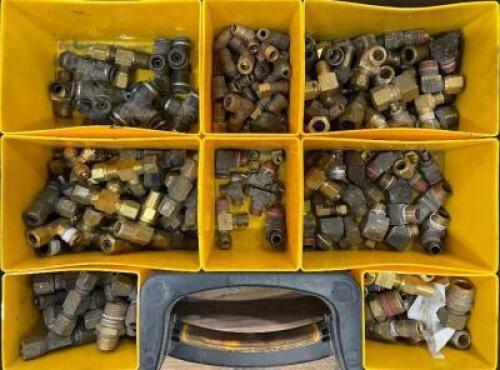 DESCRIPTION: 8 SECTION ORGANIZER WITH ASSORTED BRASS FITTINGS LOCATION: WOOD TABLE / TIRE RACK AREA THIS LOT IS: ONE MONEY QTY: 1