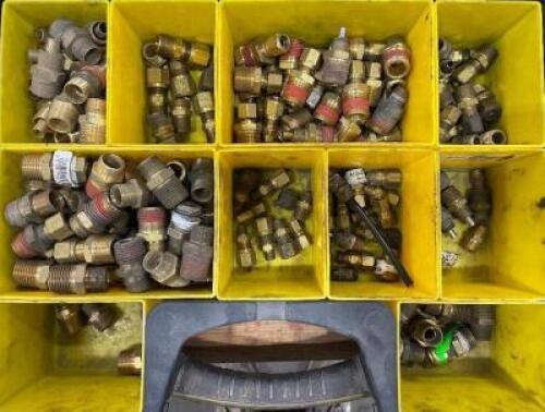 DESCRIPTION: 10 SECTION ORGANIZER WITH ASSORTED BRASS FITTINGS LOCATION: WOOD TABLE / TIRE RACK AREA THIS LOT IS: ONE MONEY QTY: 1