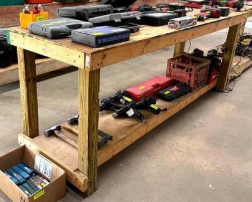 DESCRIPTION: 8' WOODEN WORKBENCH WITH UNDERSHELF INFORMATION: CONTENTS NOT INCLUDED SIZE: 96"X30"X36" QTY: 1