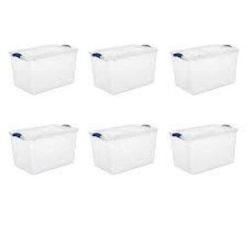 DESCRIPTION: (6) STORAGE BOX WITH LATCHED LID BRAND/MODEL: STERILITE #2028 INFORMATION: CLEAR RETAIL$: $50.00 TOTAL SIZE: 66 QT QTY: 6