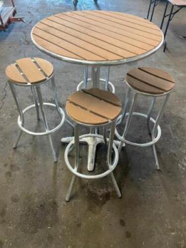 DESCRIPTION: 29.5"&nbsp; ROUND PUB PATIO TABLE SET W/ (4) BAR STOOLS. ADDITIONAL INFORMATION: CHROME FINISH FRAME SIZE: 29.5 QTY: 1
