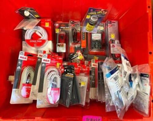 DESCRIPTION: LARGE ASSORTMENT OF VOLTAGE TESTERS, ELECTRICAL WALL PLATES, ELECTRICAL GLUE, HEAT SHRINK TUBES, ETC. INFORMATION: SEE PHOTOS FOR MORE DE