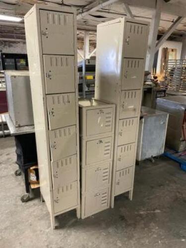 (2) SIX GROUP METAL LOCKER TOWERS W/ TOP CONNECTING PIECE.