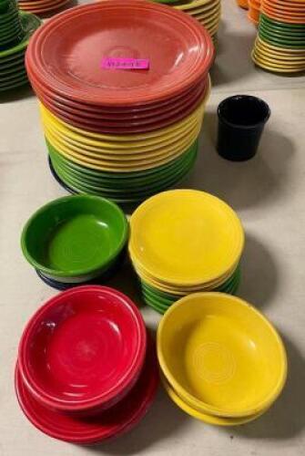 (17) 10.5" ASSORTED GREEN, ORANGE, AND YELLOW CERAMIC DINNER PLATES AND MATCHING BOWLS.