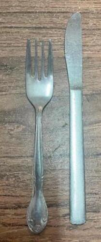 SILVERWARE CADDY W/ CONTENTS.