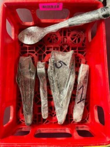 PLASTIC TOTE AND CONTENTS - ASSORTED SERVING SPOONS AND TONGS