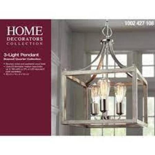 NAME: Boswell Quarter 14 in. 3-Light Brushed Nickel Farmhouse Square Chandelier with Painted Weathered Gray Wood Accents