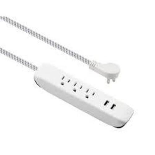 NAME: 15 ft. 16/3 3 Outlet, 2 USB Braided Extension Cord in White and Grey