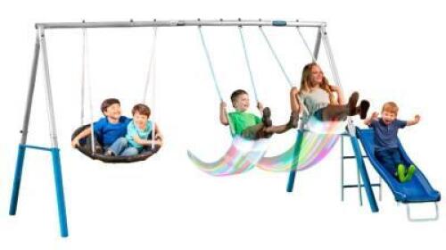 DESCRIPTION (1) XDP RECREATION FIREFLY METAL SWING SET BRAND/MODEL 98013G ADDITIONAL INFORMATION BLUE/200LB WEIGHT LIMIT/RETAILS AT $249.99 SIZE 91"L