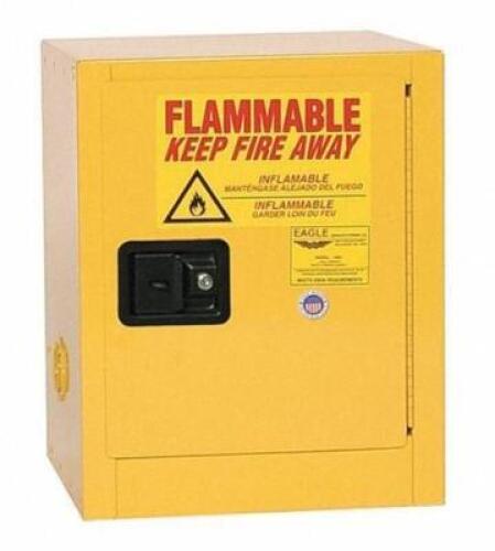 DESCRIPTION (1) EAGLE FLAMMABLE CABINET BRAND/MODEL 1904X ADDITIONAL INFORMATION YELLOW/CAPACITY: 4 GAL/RETAILS AT $596.49 SIZE 22"H X 17"W X 17"D THI