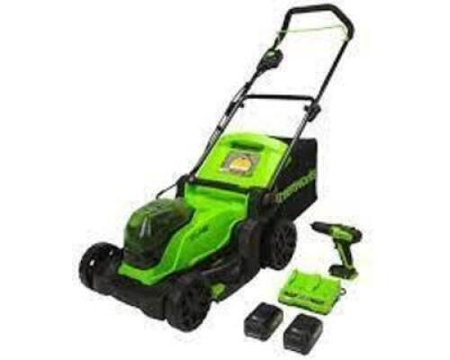 DESCRIPTION: (1) CORDLESS LAWN MOWER WITH BONUS DRILL DRIVER BRAND/MODEL: GREEN WORKS RETAIL$: $399.99 EA SIZE: 20" QTY: 1