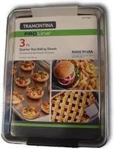DESCRIPTION: (1) SET OF (3) QUARTER SIZE BAKING SHEETS BRAND/MODEL: TRAMONTINA PRO LINE #1157465 RETAIL$: $22.99 EA SIZE: 13X9X33X24 QTY: 1