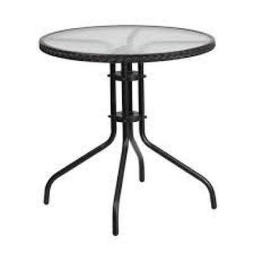 DESCRIPTION: (1) ROUND METAL OUTDOOR TABLE BRAND/MODEL: FLASH FURNITURE #TLH-087-BK-GG INFORMATION: BLACK RETAIL$: $58.49 EA SIZE: 26 " QTY: 1