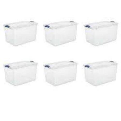 DESCRIPTION: (6) LATCH BOX BRAND/MODEL: STERILITE #2028 INFORMATION: STADIUM BLUE RETAIL$: $68.00 TOTAL SIZE: 66 QT QTY: 6