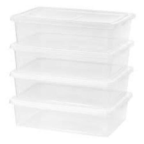 DESCRIPTION (1) (4) PACK UNDER THE BED PLASTIC STORAGE BOXES BRAND/MODEL MAINSTAYS ADDITIONAL INFORMATION RETAILS FOR $40.00 SIZE 28 QT THIS LOT IS ON