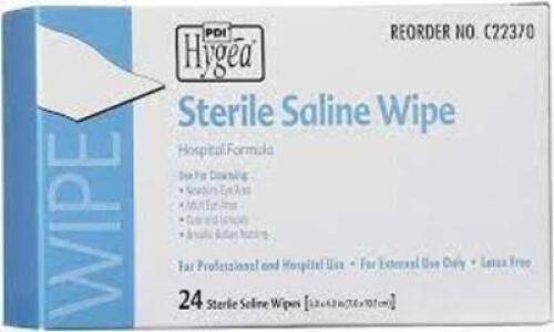 DESCRIPTION: (6) CASES OF (24) PACKS OF STERILE SALINE WIPE BRAND/MODEL: HYGEA #C22370 RETAIL$: $6.00 A BOX QTY: 6