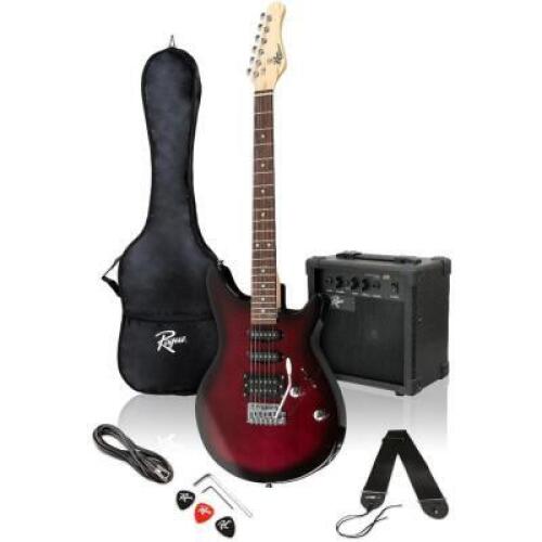DESCRIPTION: (1) WINE BURST, 22 FRET ELECTRIC GUITAR WITH 10 WATT AMP BRAND/MODEL: ROUGE ROCKETEER RETAIL$: 219.99 SIZE: 22 FRET, 10 WATT AMP 5 POS. P
