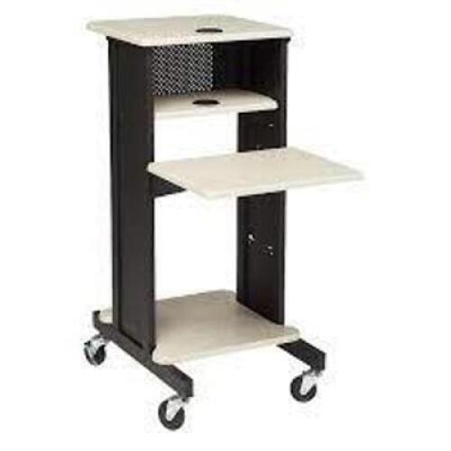 DESCRIPTION: (1) MULTI USE PRESENTATION CART BRAND/MODEL: OKLAHOMA SOUND #PCR200 INFORMATION: BLACK AND WOODGRANE RETAIL$: $176.50 EA QTY: 1