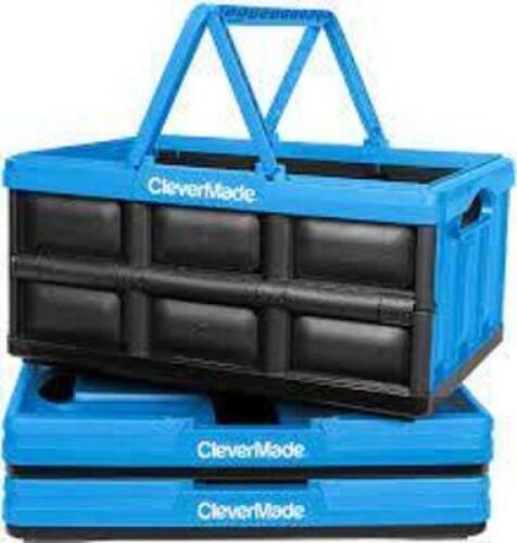 DESCRIPTION: (3) COLLAPSIBLE PLASTIC STORAGE BIN WITH HANDLE BRAND/MODEL: CLEVERMADE INFORMATION: BLACK AND BLUE RETAIL$: $50.47 EA SIZE: 32 L QTY: 3